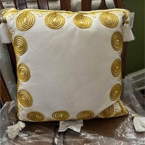 White and Gold Square Accent Pillow with Swirled Embellishments